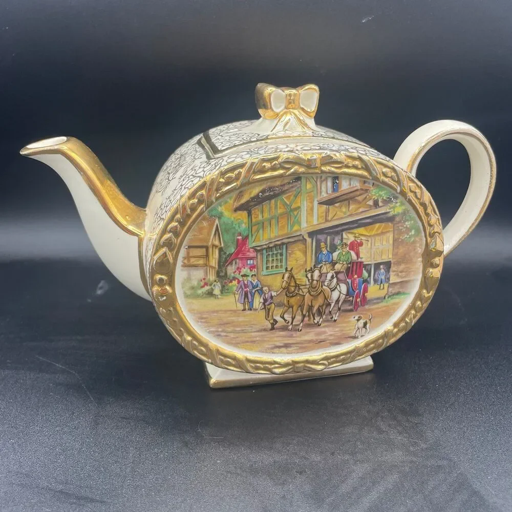 Vintage James Sadler Barrel Teapot Tavern Country Scene 1877 Made In England